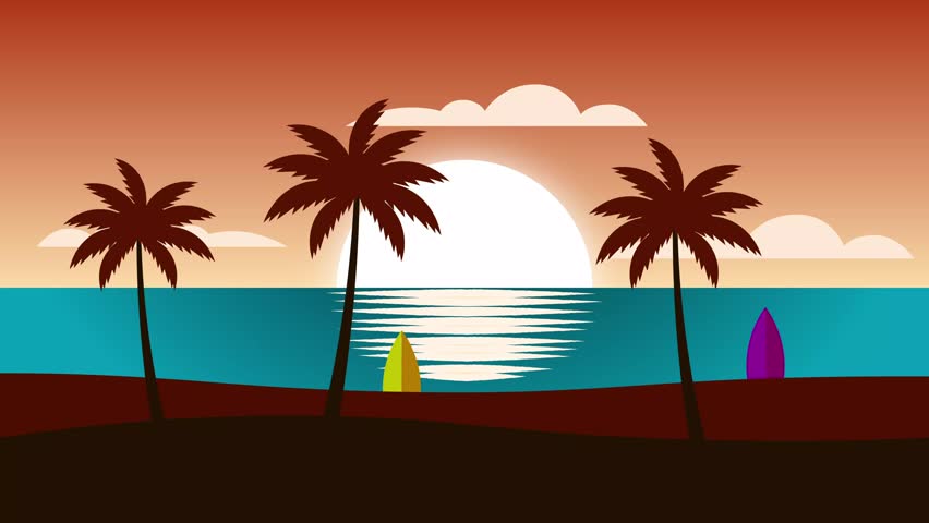 Animated beach scene in the afternoon with sunset and palm trees with a summer atmosphere
