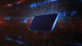 Infographics and program code elements displayed above the smartphone screen - Powered by Shutterstock - Get 15% off with code: PIKWIZARD15