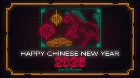 Colorful neon 4K animation highlighting a glowing horse and lanterns for Chinese New Year 2026. Suitable for promotional videos, digital signage, event screens, and online greetings. - Powered by Shutterstock - Get 15% off with code: PIKWIZARD15