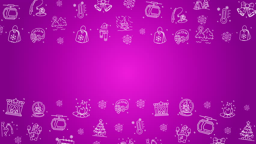 Doodle winter holiday icons line art seamless pattern on a purple background. Loop motion graphic.