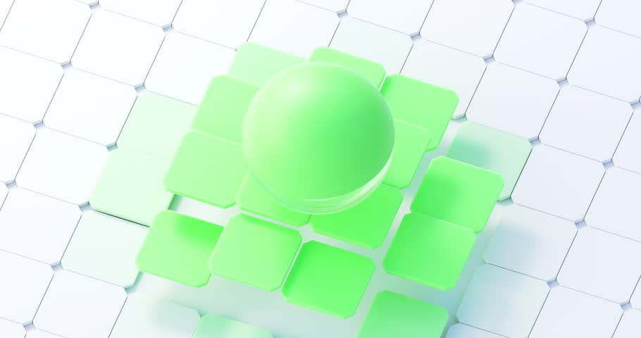 Minimalist green sphere rolling over tiles with smooth motion and color transition