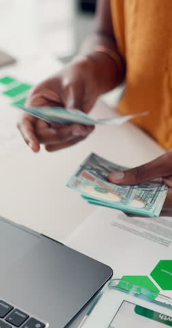 Woman, hands and counting cash with dollar bills for finance, money or budget in office. Accounting, business person and employee with financial expenses, laptop and audit document or project funding