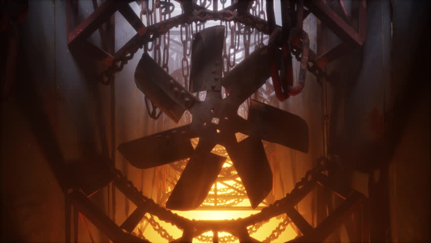 A close-up view of a large, rusty metal fan with visible rivets and chains in the background. Clear details and vibrant colors enhance visual appeal