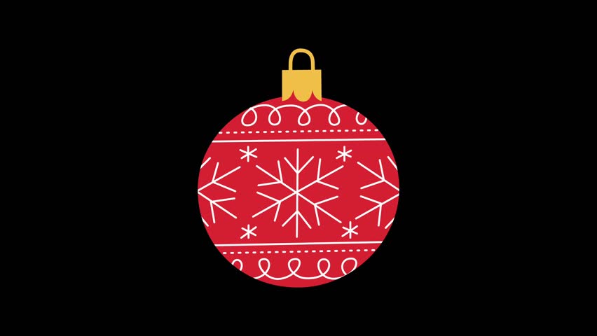 Animated flat red Christmas ball rotating with snowflake swirl pattern and golden cap in festive style