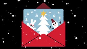 Red envelope with animated Christmas greeting card showing snowman rabbit and falling snow. - Powered by Shutterstock - Get 15% off with code: PIKWIZARD15