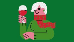 Animated elderly woman in green sweater and red scarf holding glass of Christmas drink. - Powered by Shutterstock - Get 15% off with code: PIKWIZARD15