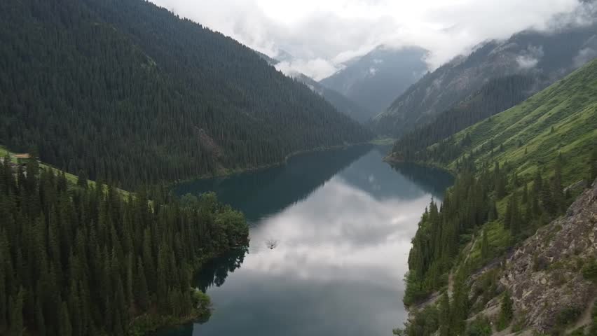 Aerial View of Kolsai Lake and Mountain Landscape, Kazakhstan