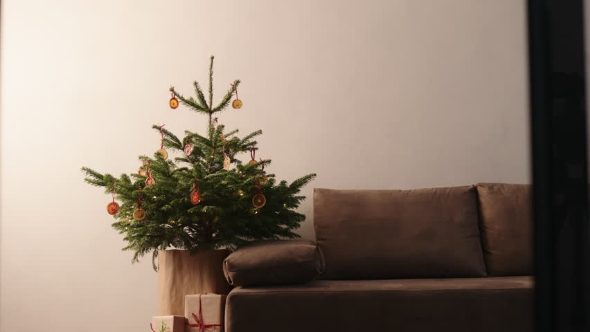 Slide shot of christmas gifts under spruce indoor with warm light