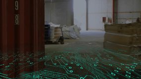 Entering warehouse aisle forklift operator moving crates with circuitboard guiding exit. Industrial, logistics, transportation, machinery, automation, manufacturing, productivity - Powered by Shutterstock - Get 15% off with code: PIKWIZARD15