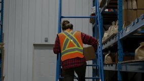 Warehouse worker stepping down ladder carrying box walking aisle, generating network icons overlay. Industrial, logistics, logistics management, digital, connectivity, commerce, efficiency - Powered by Shutterstock - Get 15% off with code: PIKWIZARD15