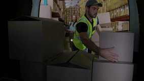 Warehouse worker lifting box and activating node icon expanding network as coworkers passing boxes. Technology, logistics, inventory, industrial, collaboration, automation, modernization - Powered by Shutterstock - Get 15% off with code: PIKWIZARD15