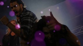 Male vocalist entering LED light belting into mic while band shaking tambourine energizing music. Rock band, concert, stage, performance, nightlife, music scene, entertainment - Powered by Shutterstock - Get 15% off with code: PIKWIZARD15