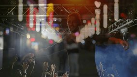 Concert performer diving into crowd, crowd-surfing under pulsing LED bars with floating heart icons. Entertainer, live performance, stage lighting, audience interaction, concert atmosphere, energy - Powered by Shutterstock - Get 15% off with code: PIKWIZARD15