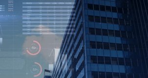 Building facade staying static as financial data overlays animating from left showing market trends. Corporate, skyscraper, data, analytics, investment, finance, digital - Powered by Shutterstock - Get 15% off with code: PIKWIZARD15