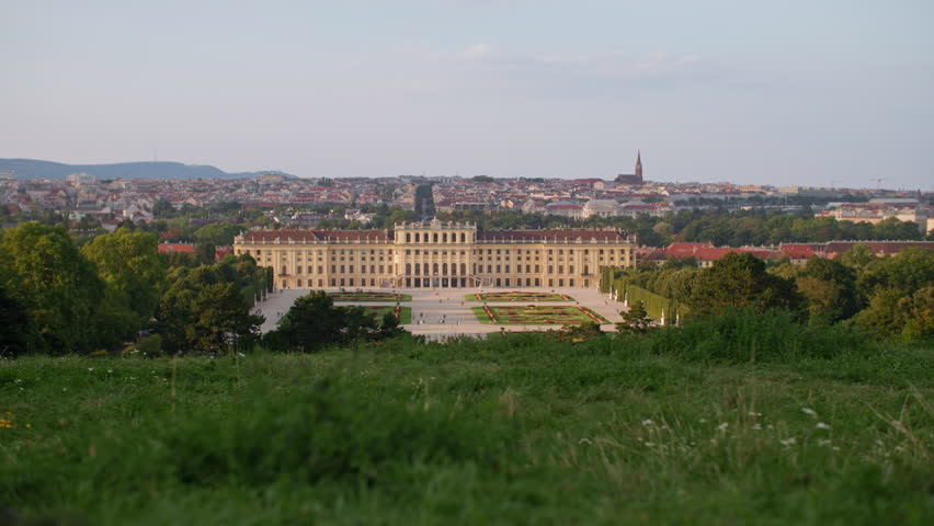 Schonbrunn architecture Vienna Austria. Historical building tourist point of the capital, travel in Europe.