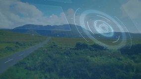 Upon circular HUD appearing, road displaying circuit traces and sliding chart illustrating data. Futuristic, technology, data visualization, landscape, interface, innovation, digital - Powered by Shutterstock - Get 15% off with code: PIKWIZARD15