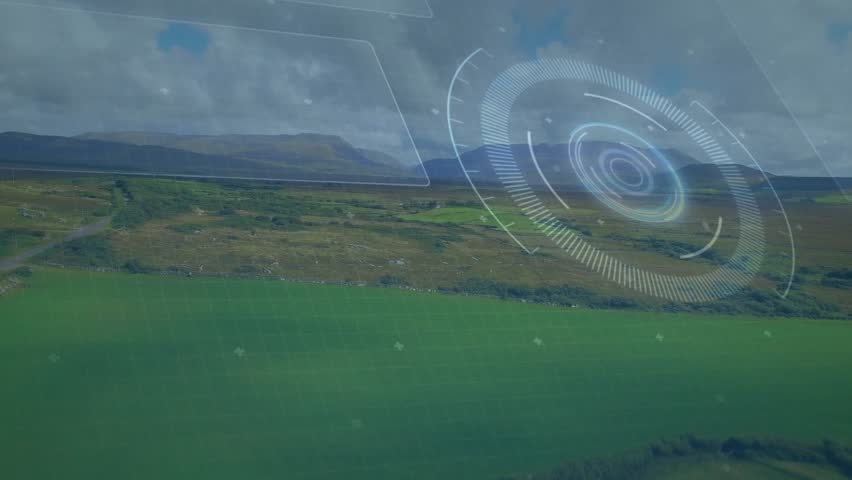 After static grass view, graph overlay appearing, traces extending, circular HUD spinning scanning. Futuristic, technology, research, interface, analytics, circuitry, landscape - Powered by Shutterstock - Get 15% off with code: PIKWIZARD15