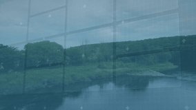 Upon digital grid fading in gauge pulsing, charts updating to visualize data over landscape. Futuristic, technology, analytics, interface, synthesis, environmental, visualization - Powered by Shutterstock - Get 15% off with code: PIKWIZARD15