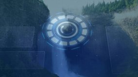 Floating device appearing above waterfall spinning glowing rings and graphic overlays scanning mist. Futuristic, technology, innovation, digital, serene, landscape, ambient - Powered by Shutterstock - Get 15% off with code: PIKWIZARD15