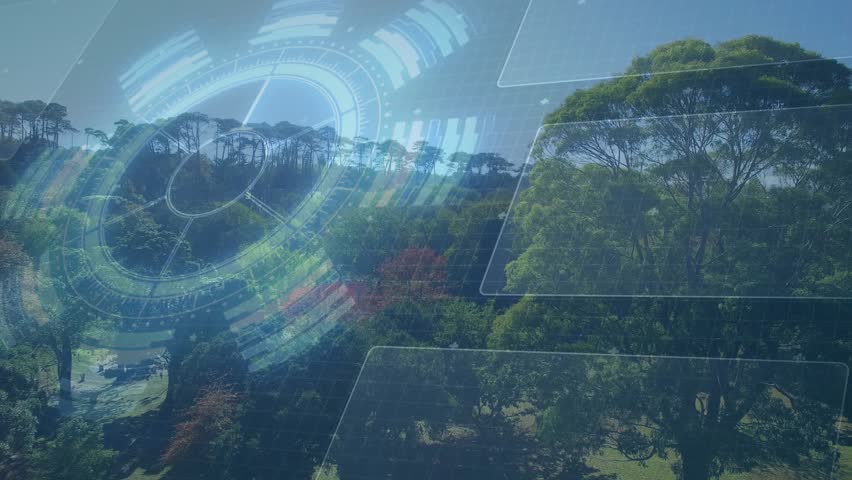 Sunlight-triggered glow initiating HUD scanning forest rotating pulsing rings, panels sliding. Nature, technology, futurism, interface, data visualization, environmental, digital - Powered by Shutterstock - Get 15% off with code: PIKWIZARD15