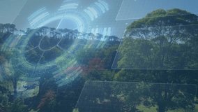 Sunlight-triggered glow initiating HUD scanning forest rotating pulsing rings, panels sliding. Nature, technology, futurism, interface, data visualization, environmental, digital - Powered by Shutterstock - Get 15% off with code: PIKWIZARD15