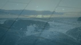 Transparent HUD panels fading in overlaying rocky shoreline with surging waves for live monitoring. Ocean, coastline, weather, surveillance, technology, exploration, graphic - Powered by Shutterstock - Get 15% off with code: PIKWIZARD15