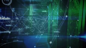 Network nodes fading in rack-lined corridor, lines forming bar charts and gauges showing activity. Technology, innovation, cybersecurity, analytics, connectivity, digital, futuristic - Powered by Shutterstock - Get 15% off with code: PIKWIZARD15