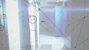 Camera moving forward starting network overlay animating across server racks visualizing data flow. Technology, cybersecurity, infrastructure, visualization, innovation, digital, connectivity - Powered by Shutterstock - Get 15% off with code: PIKWIZARD15