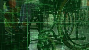 Green overlay scanning wheelchair revealing frame as caregiver guiding child in education workbook. Assistive technology, inclusive education, adaptive devices, accessibility, learning support - Powered by Shutterstock - Get 15% off with code: PIKWIZARD15