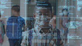 School boy touching ear and interacting with learning prompt, generating streaming code graphics. Education, technology, digital, innovation, youth, classroom, futurism - Powered by Shutterstock - Get 15% off with code: PIKWIZARD15