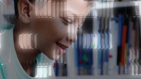 Schoolboy lifting head smiling in library as binary overlay intensifying coding education. Student, education, digital, technology, learning, library, modern - Powered by Shutterstock - Get 15% off with code: PIKWIZARD15