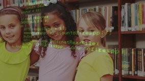Children posing in education library, code overlay scrolling revealing faces on playback. Children, literacy, technology, programming, learning, innovation, childhood - Powered by Shutterstock - Get 15% off with code: PIKWIZARD15