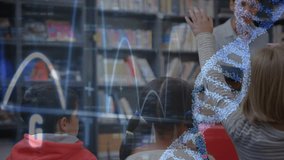 Female teacher asking question in library biology lesson, rotating DNA helix waveform guiding hands. Education, classroom, science, learning, children, teaching, innovation - Powered by Shutterstock - Get 15% off with code: PIKWIZARD15