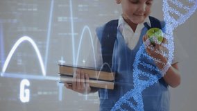 Boy inspecting apple causing graph and helix overlays animating, lifting apple illustrating science. Education, innovation, scientific, youthful, technology, visualization, coming-of-age - Powered by Shutterstock - Get 15% off with code: PIKWIZARD15