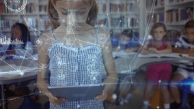 School library girl tapping tablet, generating animated network graphics for education technology. Futuristic, innovation, digital, readability, collaboration, educational, vibrant - Powered by Shutterstock - Get 15% off with code: PIKWIZARD15