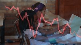 Two students scanning workbooks while transparent red line graph fading showing education progress. Education, students, classroom, learning, progress, development, academic - Powered by Shutterstock - Get 15% off with code: PIKWIZARD15