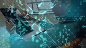 Girl student tapping and swiping tablet display with circuit overlay pulsating for educational use. Technology, innovation, learning, futuristic, user interface, digital, creativity - Powered by Shutterstock - Get 15% off with code: PIKWIZARD15