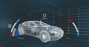 Starting animation 3D car showing speed rising 11-121 km or h, arc lights lighting dimming for UI demo. Technology, navigation, innovation, visualization, interface, automotive, futurism - Powered by Shutterstock - Get 15% off with code: PIKWIZARD15