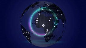 On playback start, pixelated globe rotating eastward beneath neon arc to visualize global data flow. Global, technology, digital, network, connectivity, futuristic, data - Powered by Shutterstock - Get 15% off with code: PIKWIZARD15