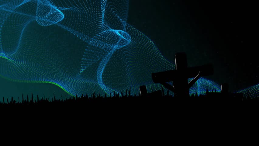 Digital wave intensifying and rippling, initiating crucifix silhouettes rising to symbolic tableau. Spiritual, abstract, silhouette, mystic, contemplative, minimalist, symbolic