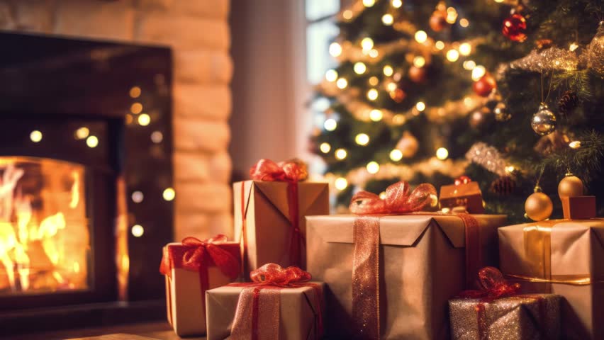 A warm, cozy holiday scene featuring Christmas gifts, a crackling fireplace, and a decorated tree with blurred lights .