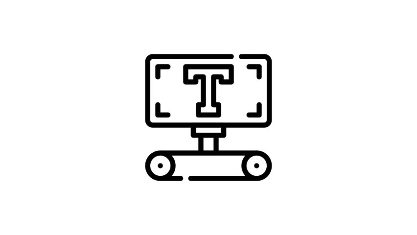 Simple icon of text tool on conveyor belt. Suitable for graphic design, automation, typography, editing software, digitization, and technology concepts.
