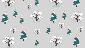 Seamless winter pattern with Christmas trees decorated with stars and snowy bare trees on light gray background in flat design - Powered by Shutterstock - Get 15% off with code: PIKWIZARD15