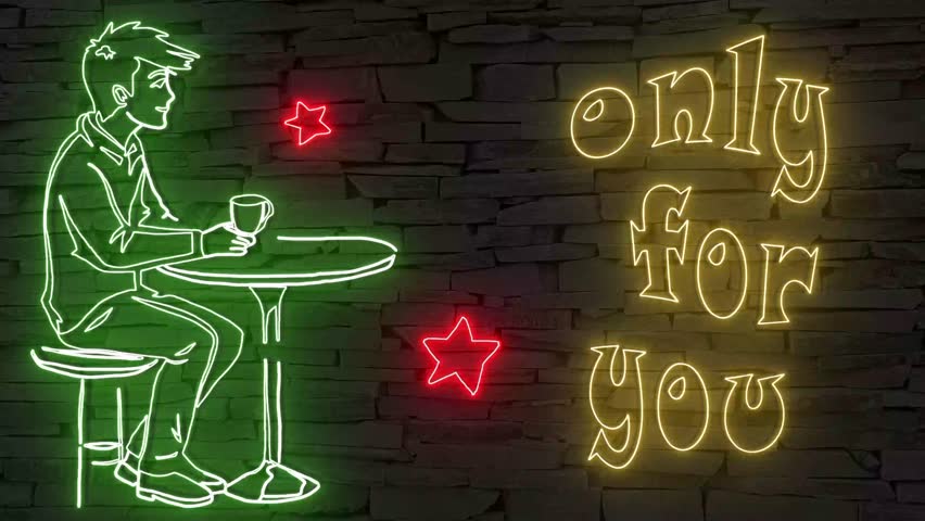 Only for you + silhouette of young man with coffee and stars illuminated 3d illustration retro neon signs, so sweet and cute 10s 4k video art, for coffee shops, invitation to have a coffee, specials
