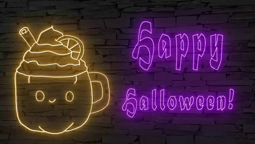 Happy Halloween! + silhouette of coffee mug illuminated 3d illustration retro neon signs, so sweet and cute 10s 4k video art, cute Halloween wishes in orange and purple for coffee shops, marketing