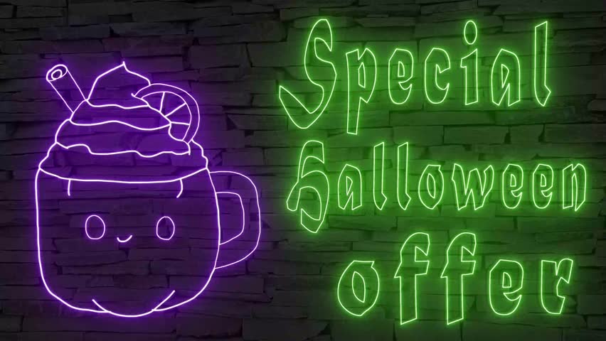 Special Halloween offer + silhouette of coffee mug illuminated 3d illustration retro neon signs, so sweet and cute 10s 4k video art, cute Halloween wishes in green and purple, for coffee shops