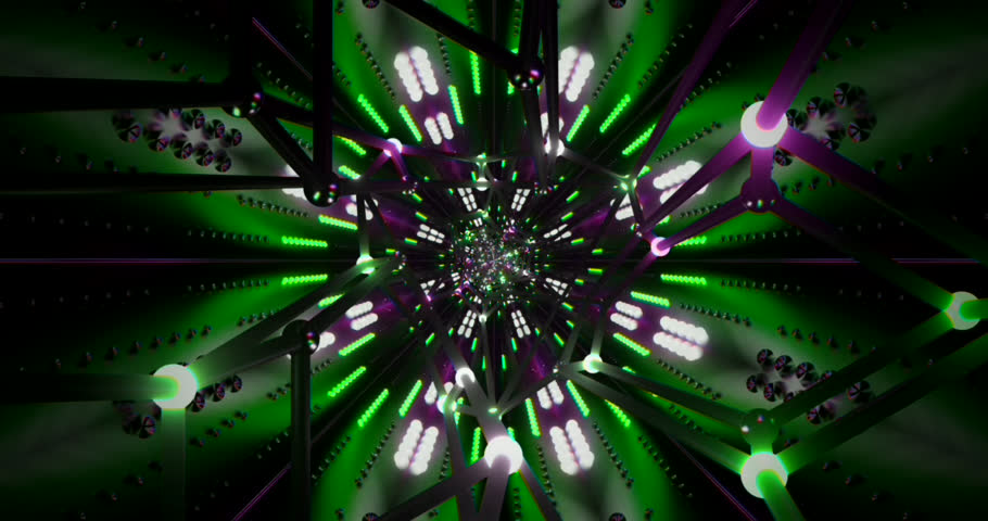 A 3d looping colorful digital Tunnel with a Wireframe against bright neon light patterns