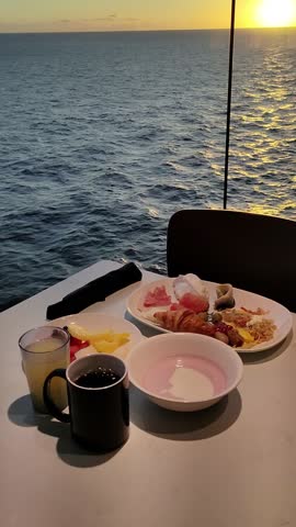 Dining Room Buffet aboard the abstract luxury cruise ship. Healthy food at modern liner concept