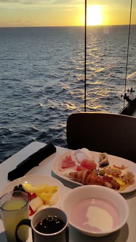 Dining Room Buffet aboard the abstract luxury cruise ship. Healthy food at modern liner concept