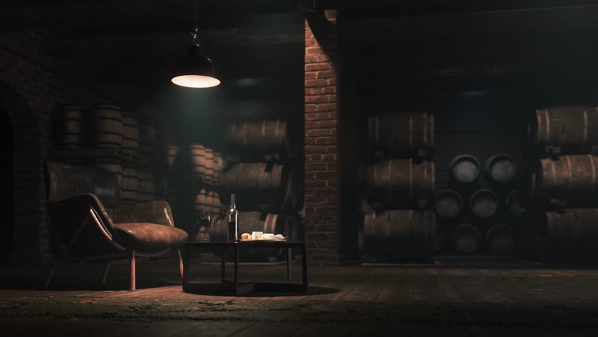 Wine Barrel Storage Room with Glass of Red Wine – Wine Vault Animation